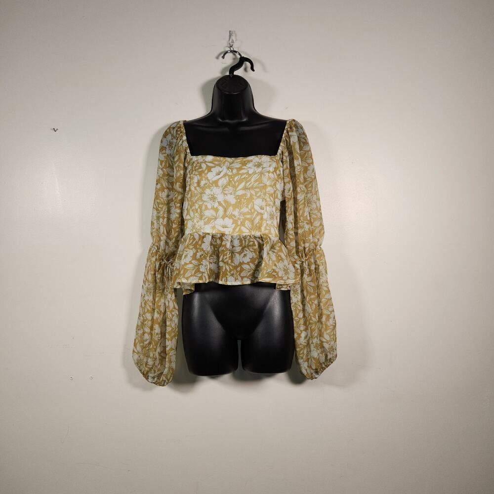 PEACH LOVE CALIFORNIA Peplum Blouse Top Womens S Chartreuse Yellow‎ White Floral